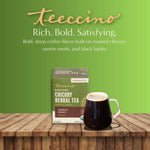 Teeccino roasted chicory herbal tea box with mug of dark beverage on wood surface