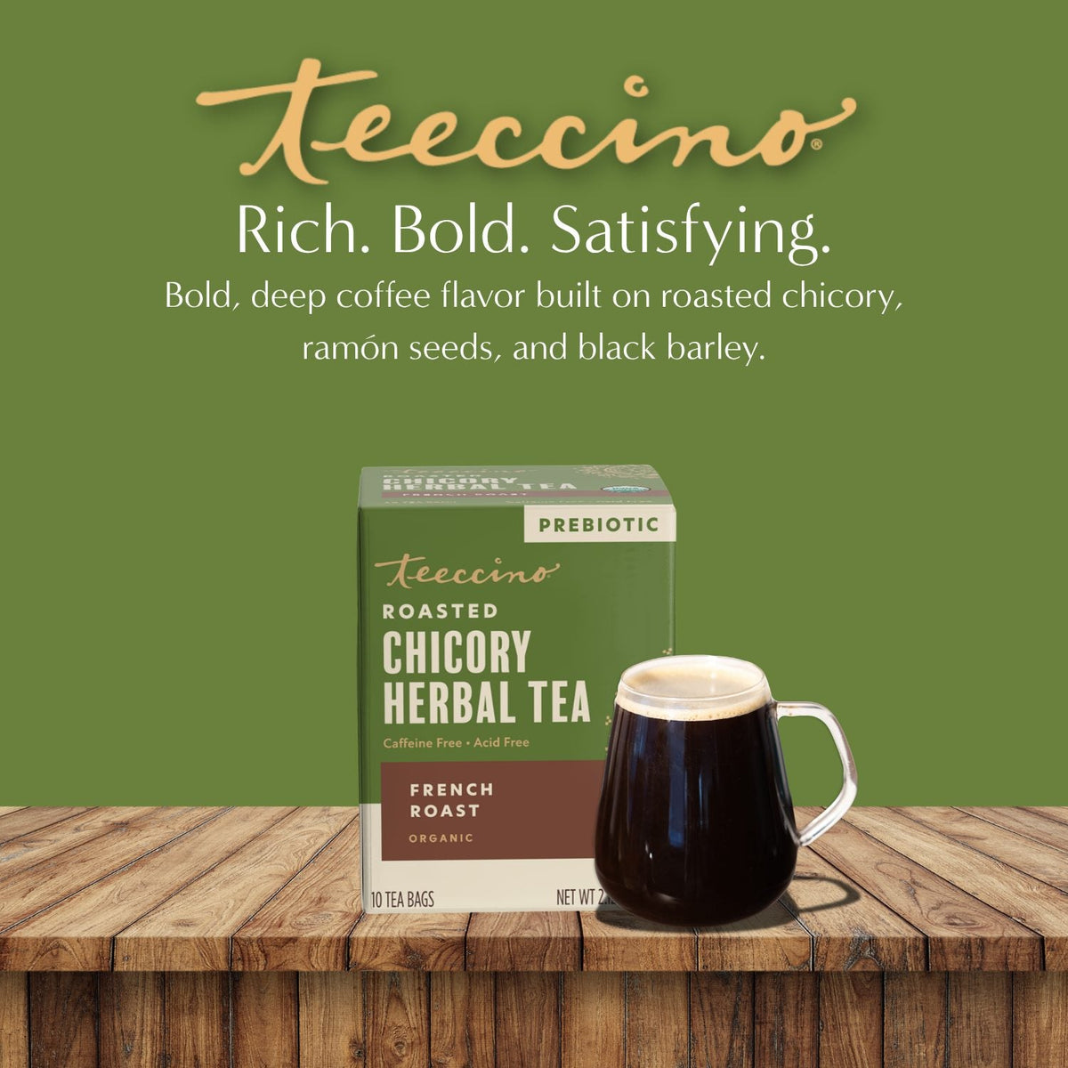 Green branding graphic with mug and prebiotic roasted chicory herbal tea box