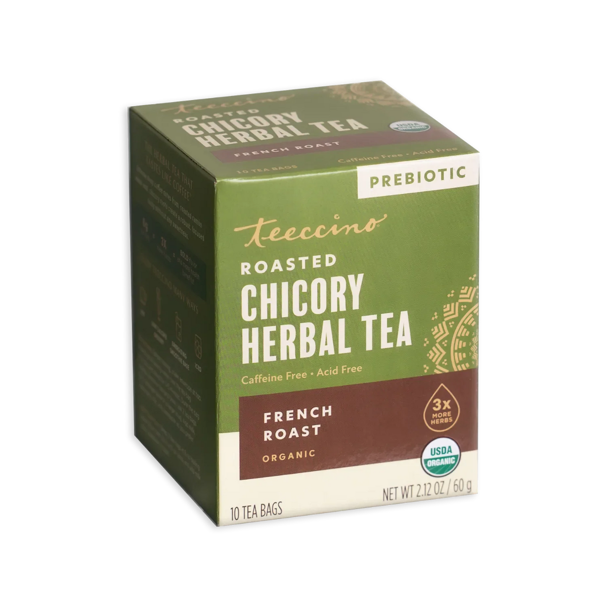 Teeccino prebiotic roasted chicory herbal tea box, French roast, 10 tea bags