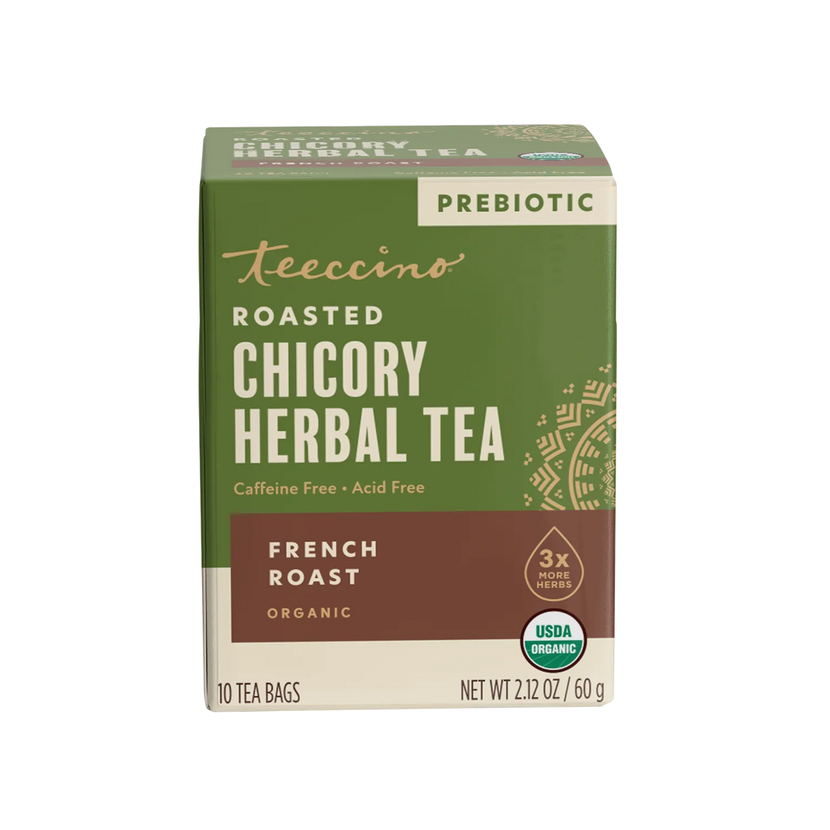 Green roasted chicory herbal tea box, caffeine-free and acid-free, USDA organic, 10 tea bags