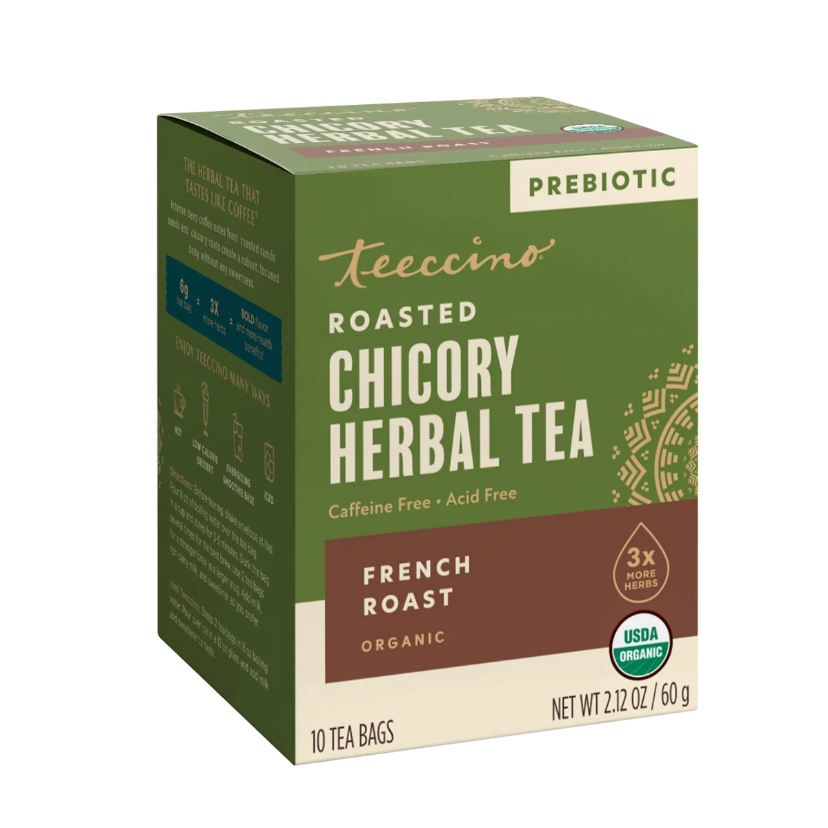 Green prebiotic roasted chicory herbal tea box with USDA organic badge, 10 tea bags