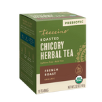 Green prebiotic roasted chicory herbal tea box with USDA organic badge, 10 tea bags