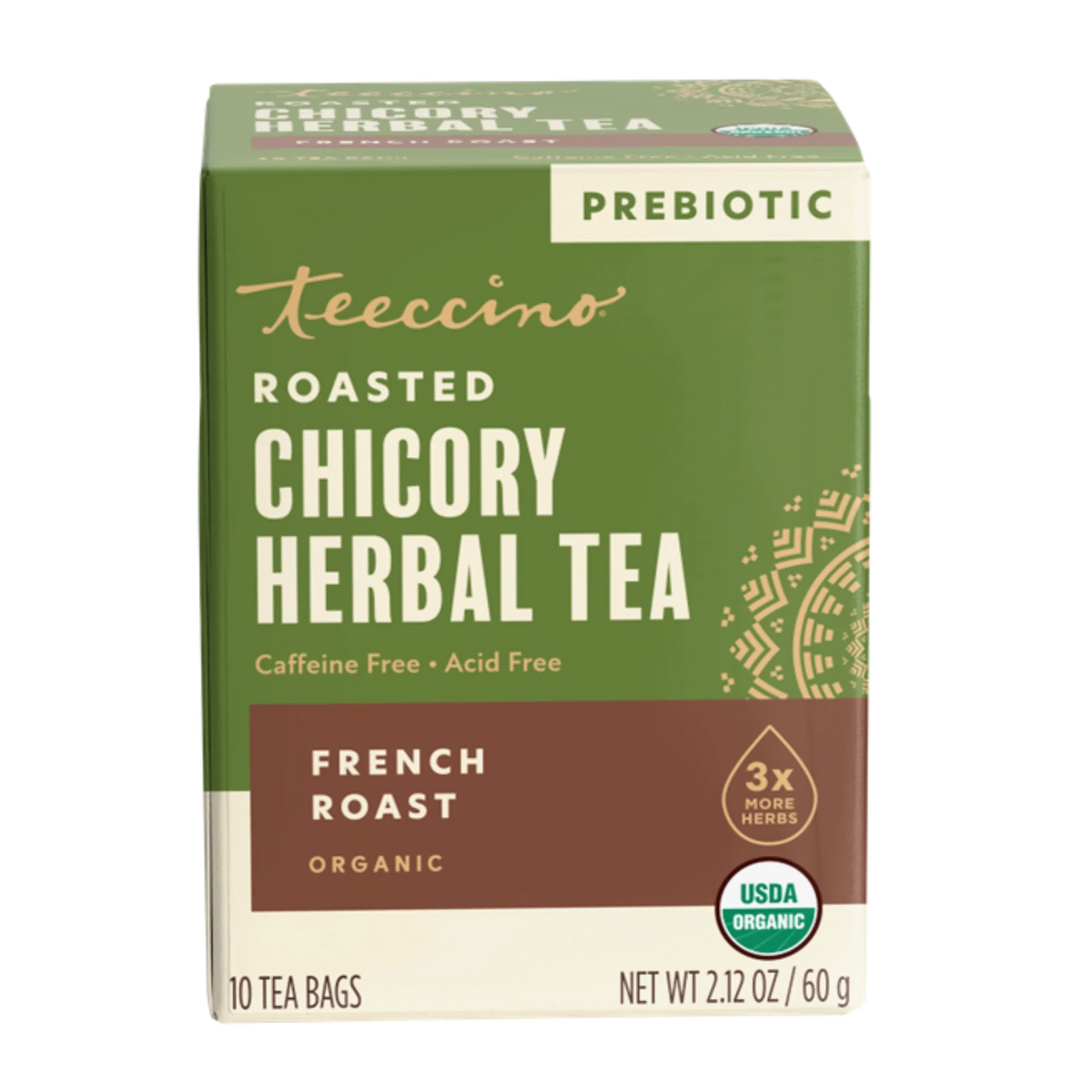 Teeccino prebiotic roasted chicory herbal tea box, French roast, 10 tea bags