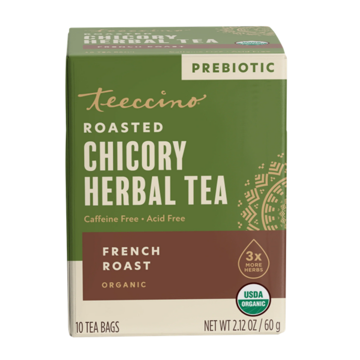 Roasted chicory herbal tea box, French roast; prebiotic, USDA Organic, 10 bags, caffeine-free