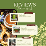 Client reviews graphic with Teeccino tea box, kettle and cup, star ratings
