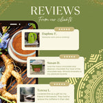 Client reviews graphic featuring Teeccino tea box, cup and star rating labels