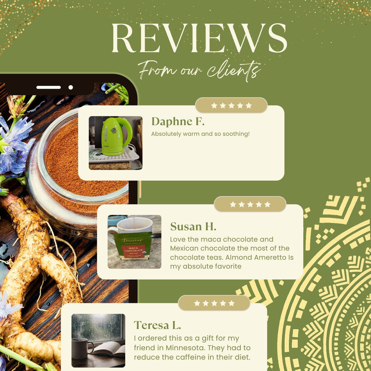 Client reviews graphic featuring Teeccino tea box, cup and star rating labels