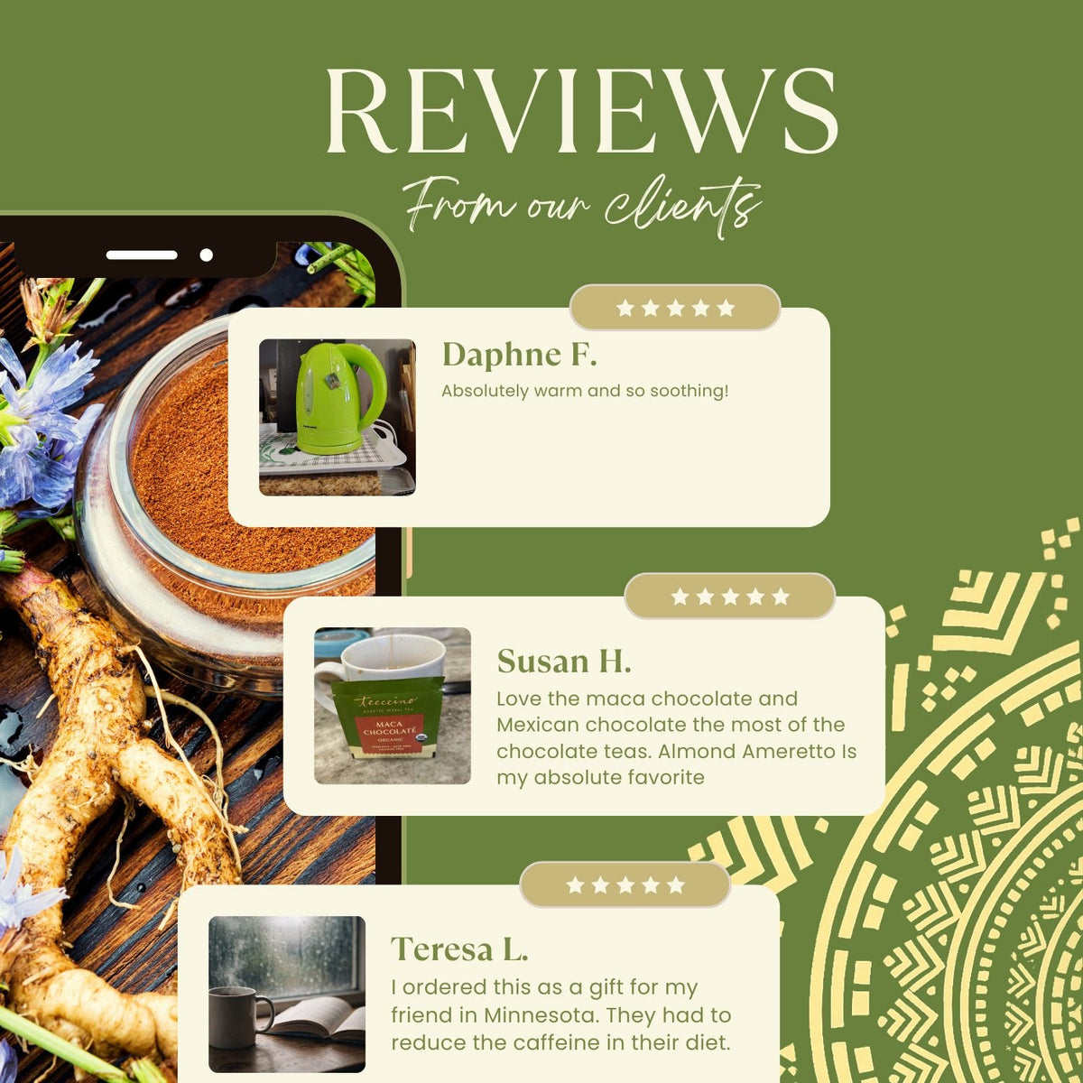 Green reviews panel featuring a small French roast herbal tea box thumbnail