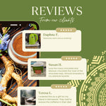 Green reviews panel featuring a small French roast herbal tea box thumbnail