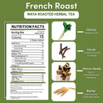 teeccino French Roast nutrition facts panel and ingredient icons: chicory, carob, ramon, barley