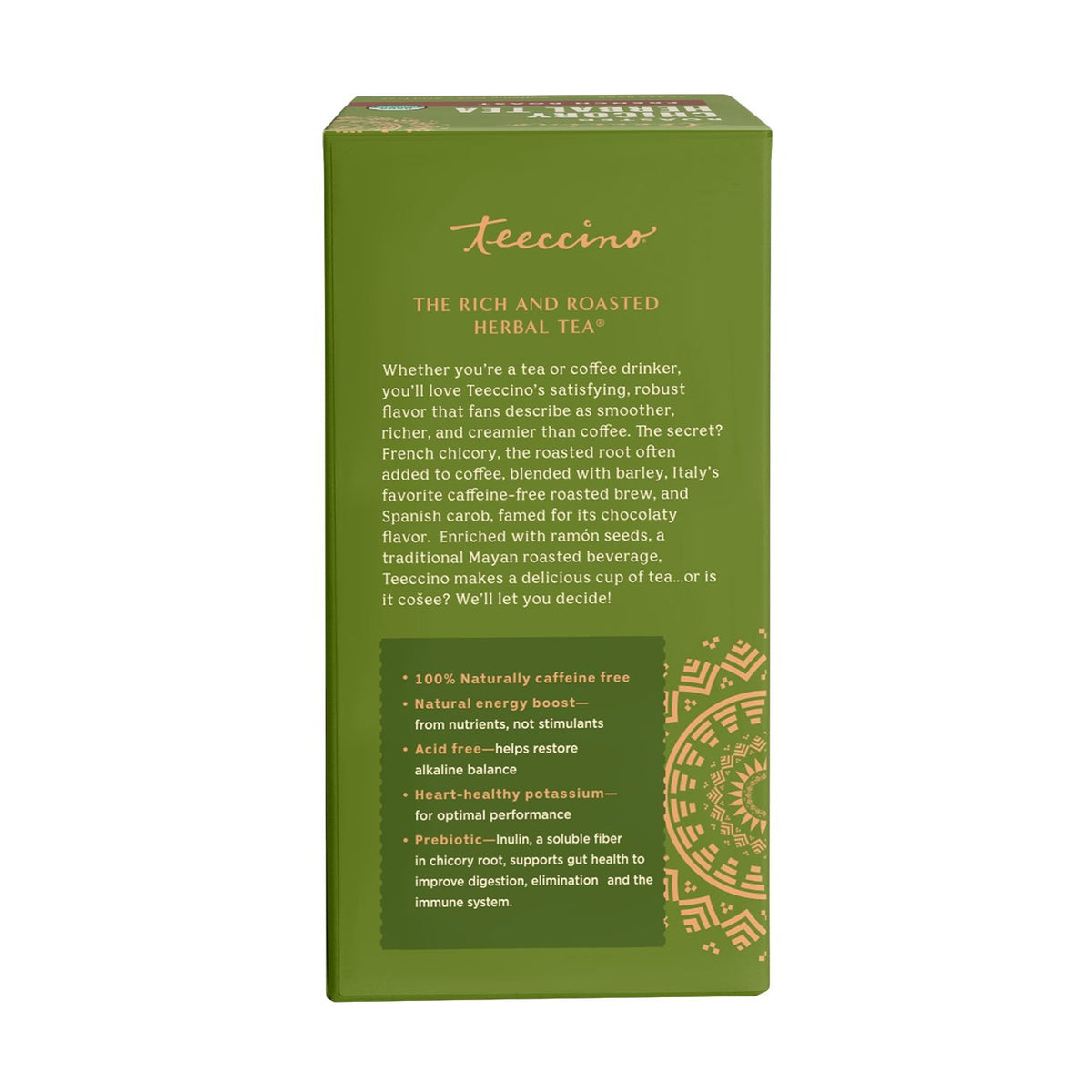 Green roasted herbal tea box with prebiotic panel and French roast on back