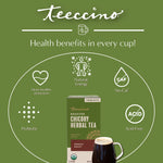 teeccino roasted chicory herbal tea box with glass mug of dark tea