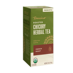 Green prebiotic roasted chicory herbal tea box with French roast label, 10 tea bags