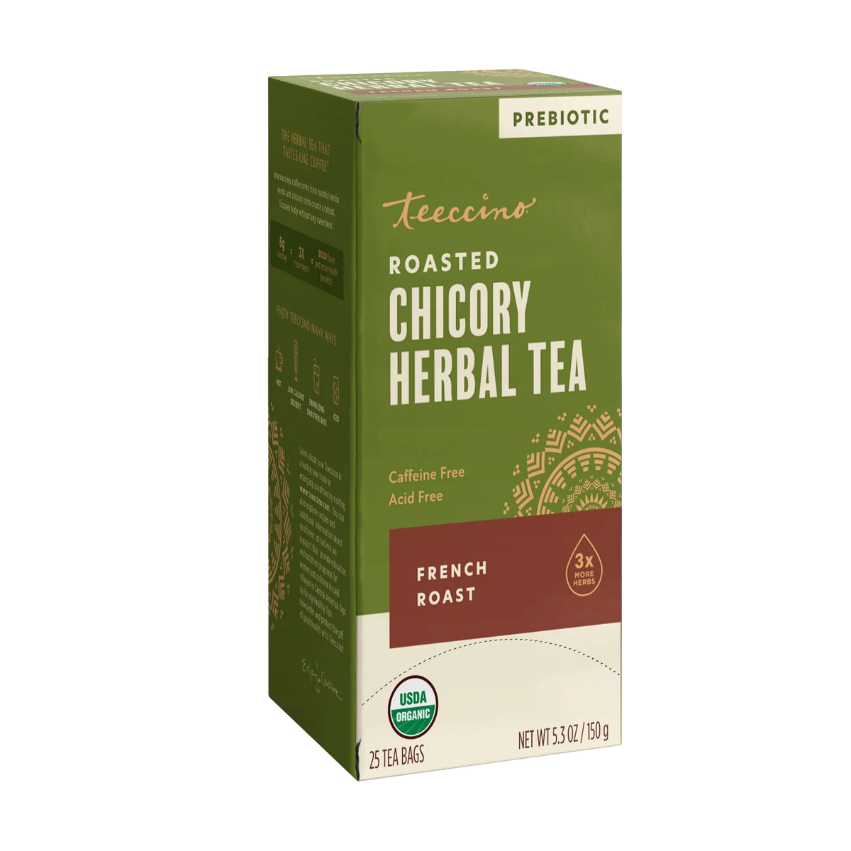Green prebiotic roasted chicory herbal tea box with French roast label, 10 tea bags