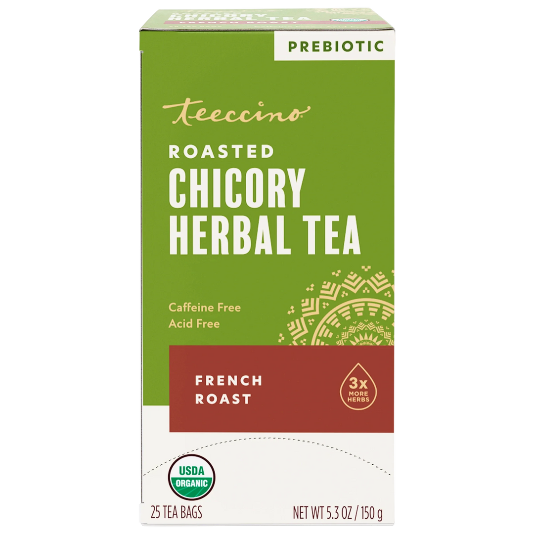 Teeccino prebiotic roasted chicory herbal tea box, French roast, 25 tea bags