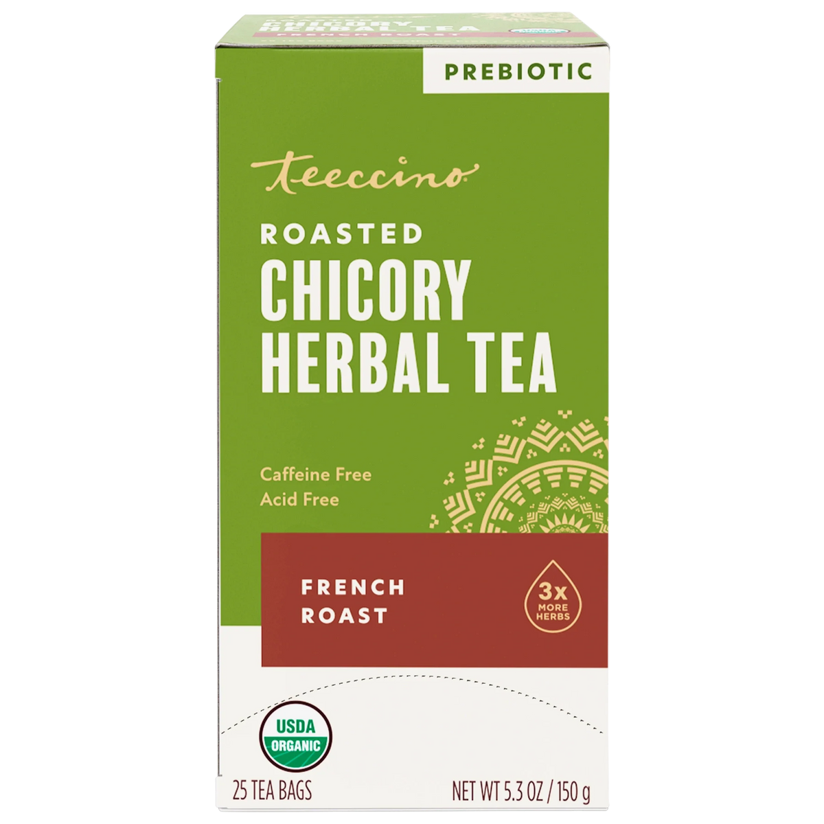 Teeccino prebiotic roasted chicory herbal tea box, French roast, 25 tea bags