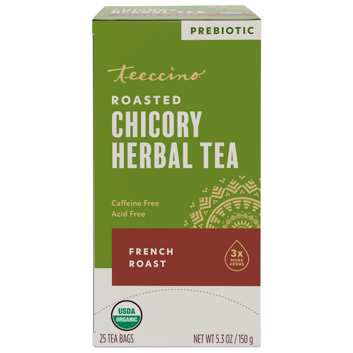 Roasted chicory herbal tea box, French roast; prebiotic, USDA Organic, 25 bags, caffeine-free