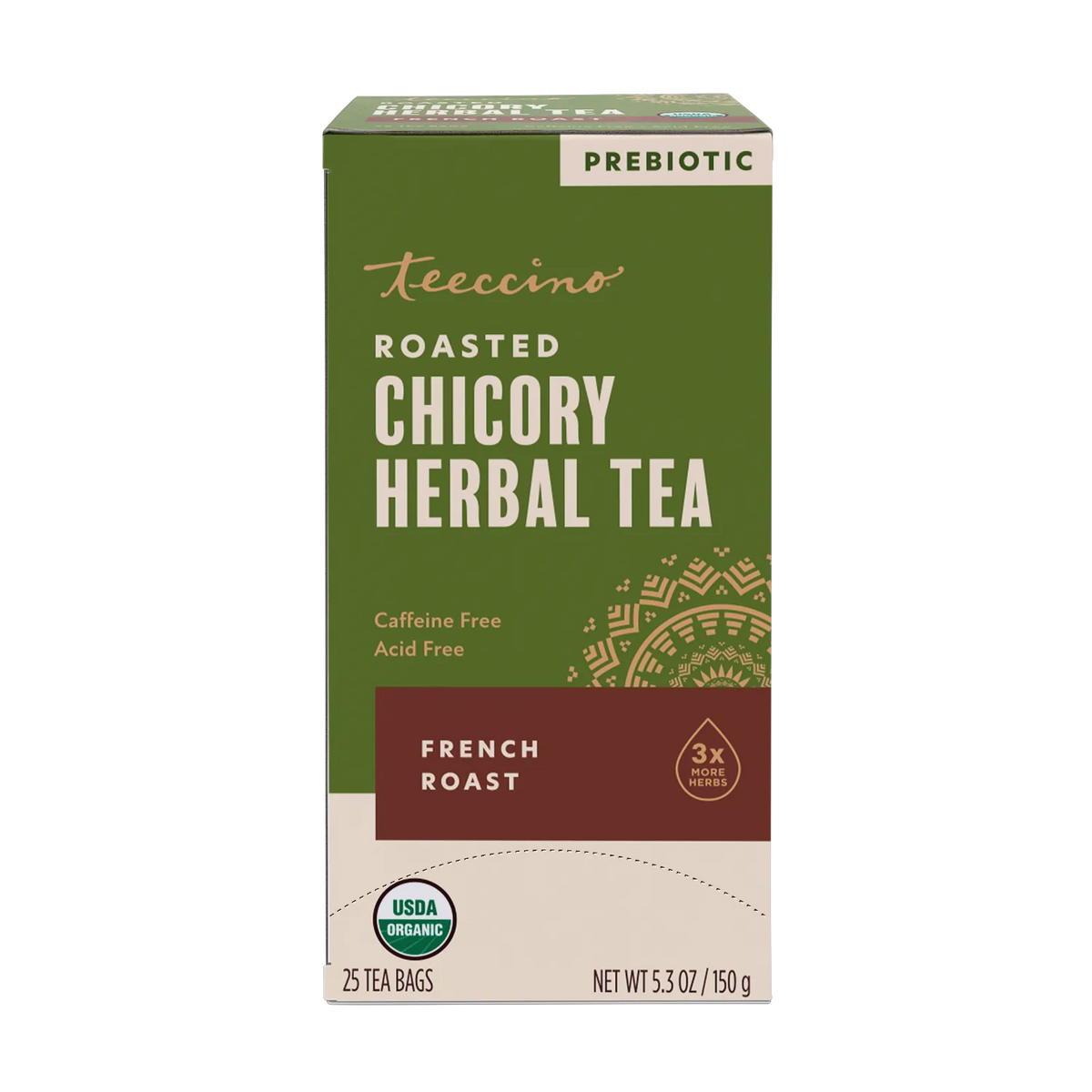 teeccino roasted chicory herbal tea box, French roast, caffeine free, acid free