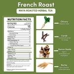 teeccino French Roast nutrition facts and ingredient icons for chicory, carob, ramon seeds, barley