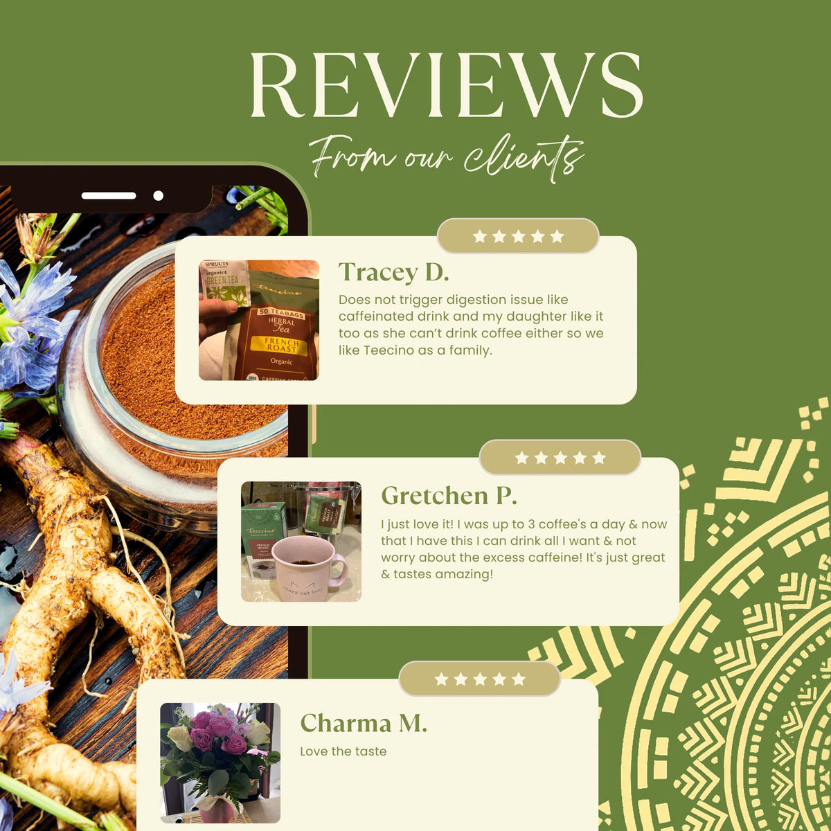 Client reviews graphic showing Teeccino tea box and cup with star ratings