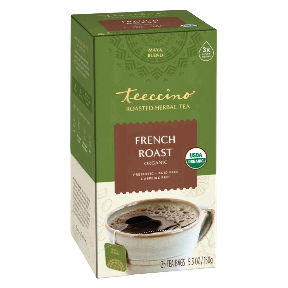 teeccino French roast roasted herbal tea box with cup of dark tea pictured