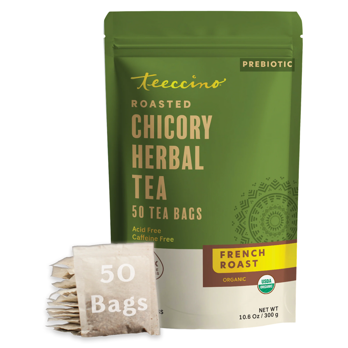 Roasted chicory herbal tea pouch and 50 tea bags; French roast; prebiotic, caffeine-free