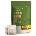 Roasted chicory herbal tea pouch and 50 tea bags; French roast; prebiotic, caffeine-free