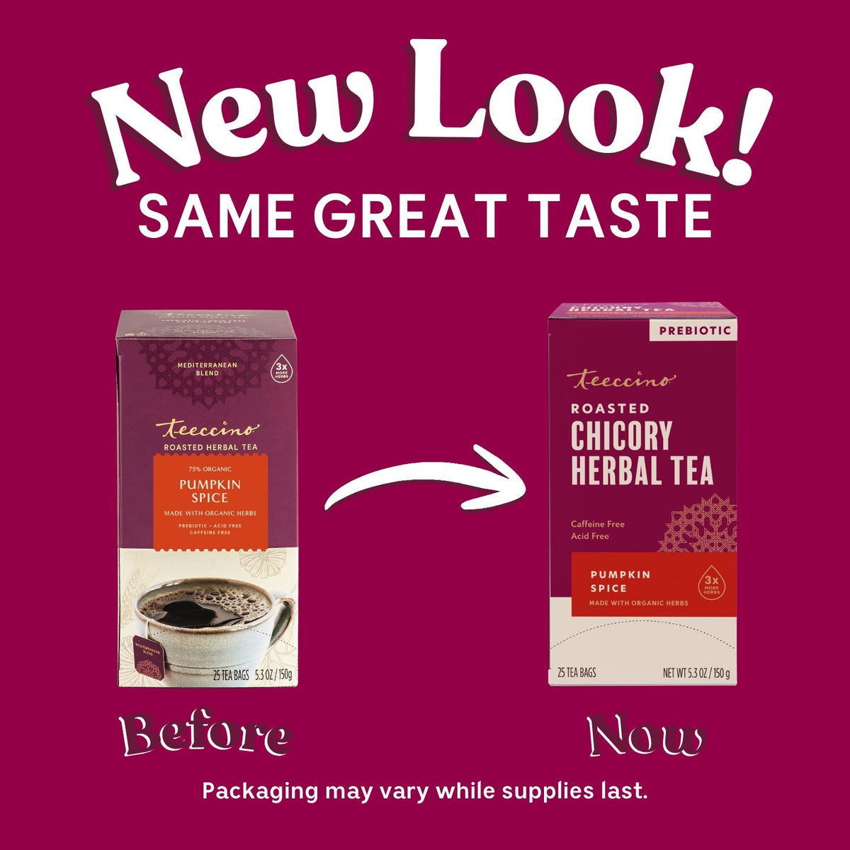 Pumpkin spice roasted herbal tea box packaging before-and-after comparison