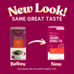 Pumpkin spice roasted herbal tea packaging update with two boxes and arrow
