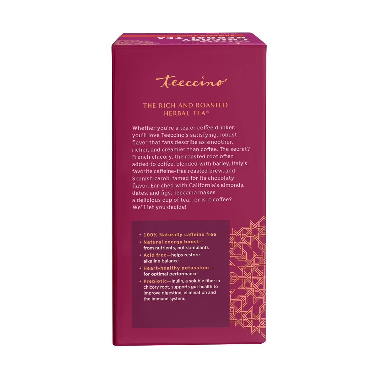 Prebiotic roasted chicory herbal tea box back panel, 25 tea bags