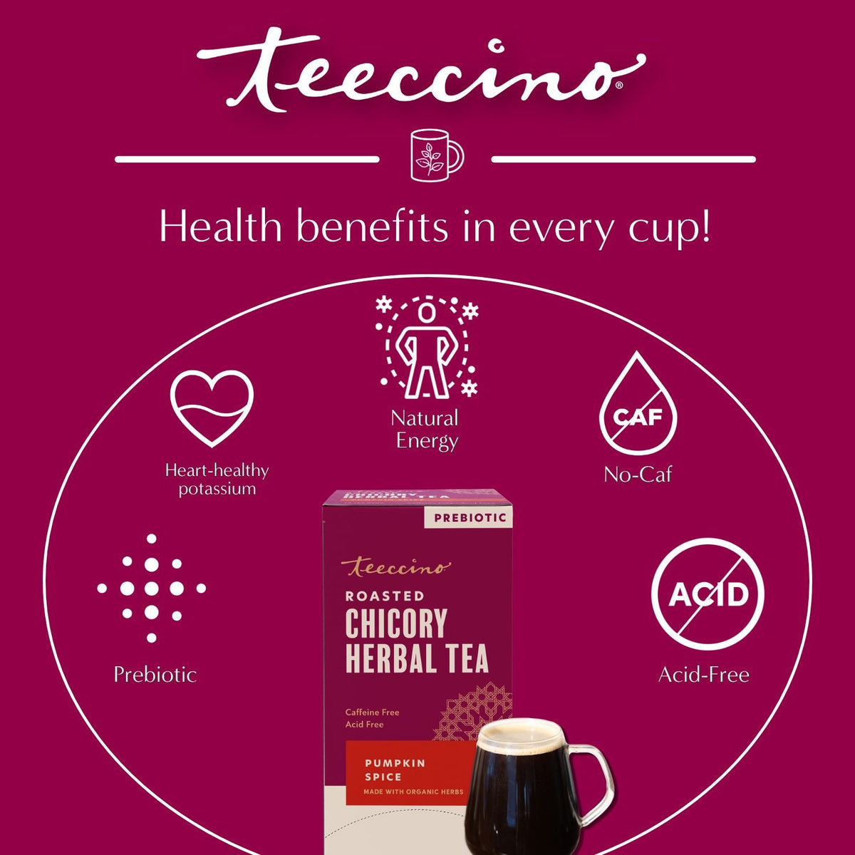 Pumpkin spice roasted herbal tea canister graphic with health benefit icons and teacup