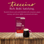 Pumpkin spice roasted herbal tea box with brewed dark cup on wooden surface