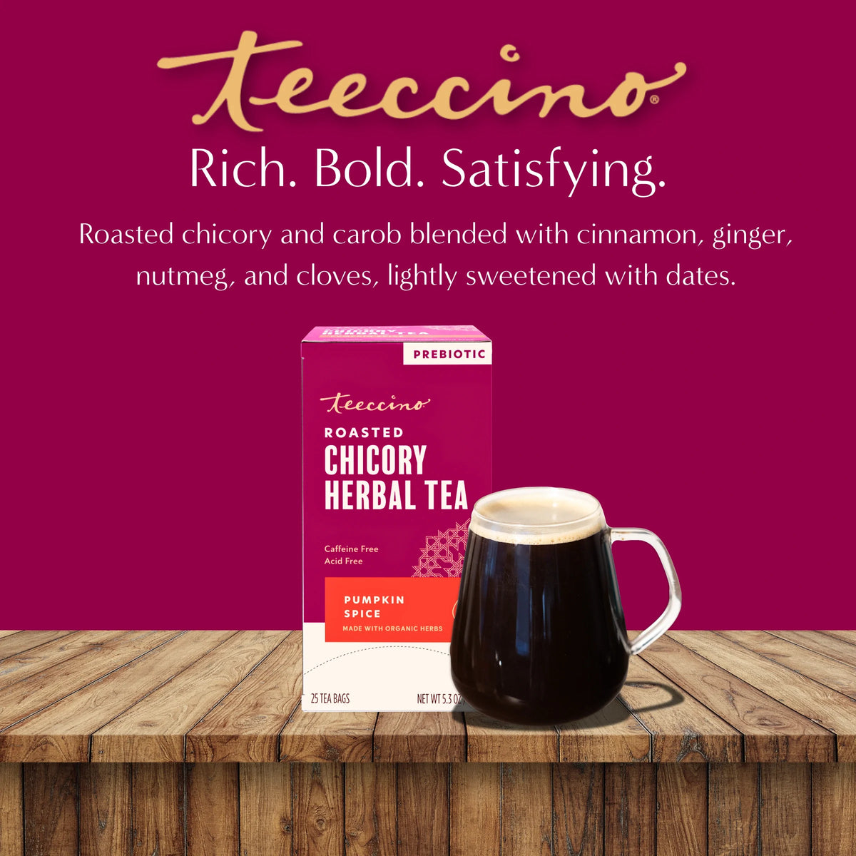 Pumpkin spice roasted herbal tea box with dark brewed cup on wood table