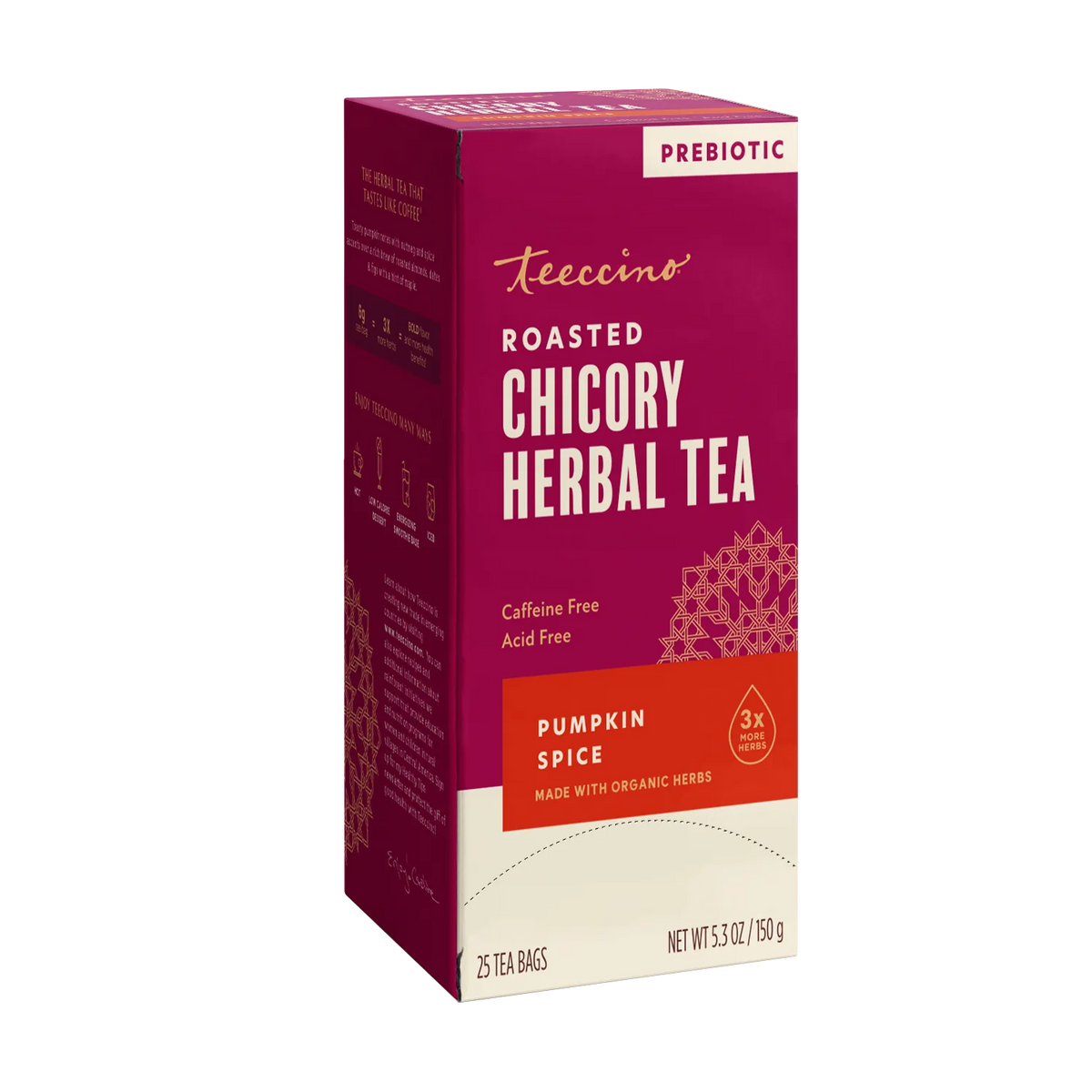 Prebiotic roasted chicory herbal tea box, pumpkin spice, side view, 25 tea bags