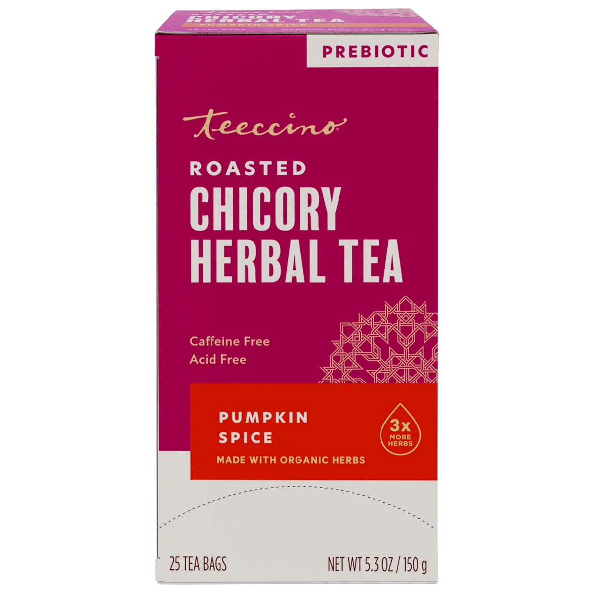 Prebiotic roasted chicory herbal tea box, pumpkin spice flavor, 25 tea bags