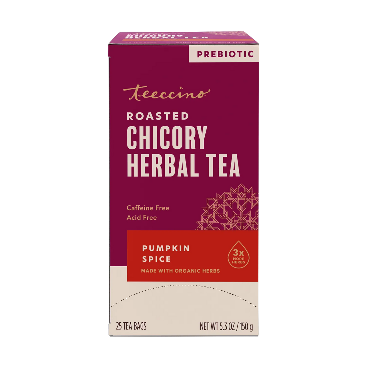 Prebiotic roasted chicory herbal tea box, pumpkin spice, 25 tea bags