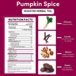 Pumpkin spice roasted herbal tea box with nutrition facts and herbal ingredient images