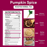 Pumpkin spice roasted herbal tea nutrition facts panel with ingredient visuals