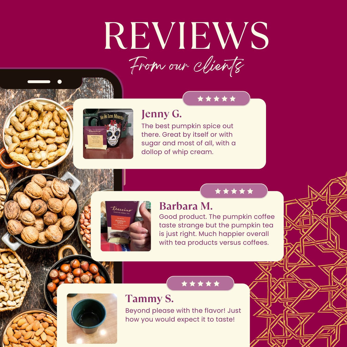 Customer reviews graphic featuring pumpkin spice herbal tea box with star ratings