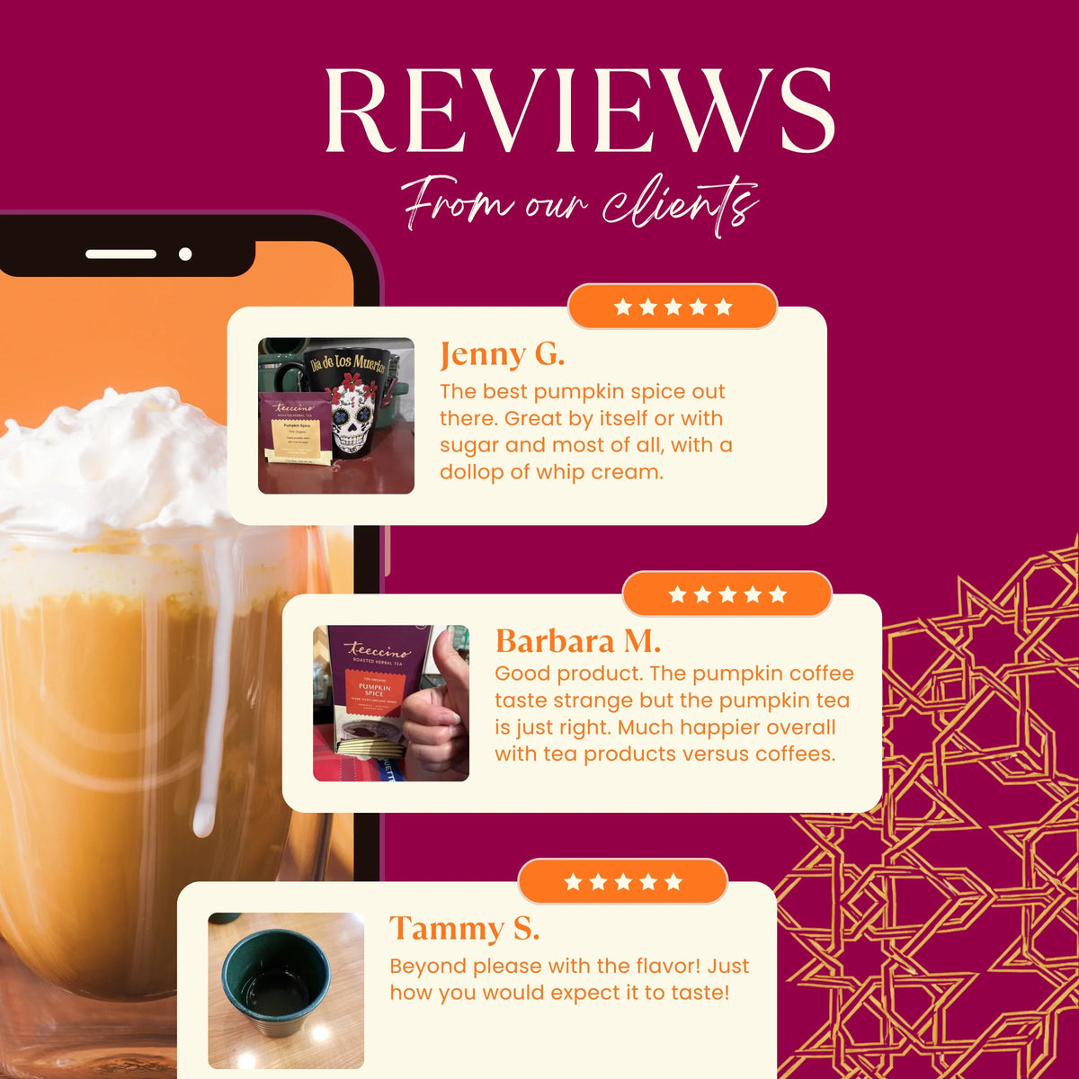 Customer reviews graphic showing pumpkin spice herbal tea box and star ratings