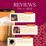 Customer reviews graphic showing pumpkin spice herbal tea box and star ratings