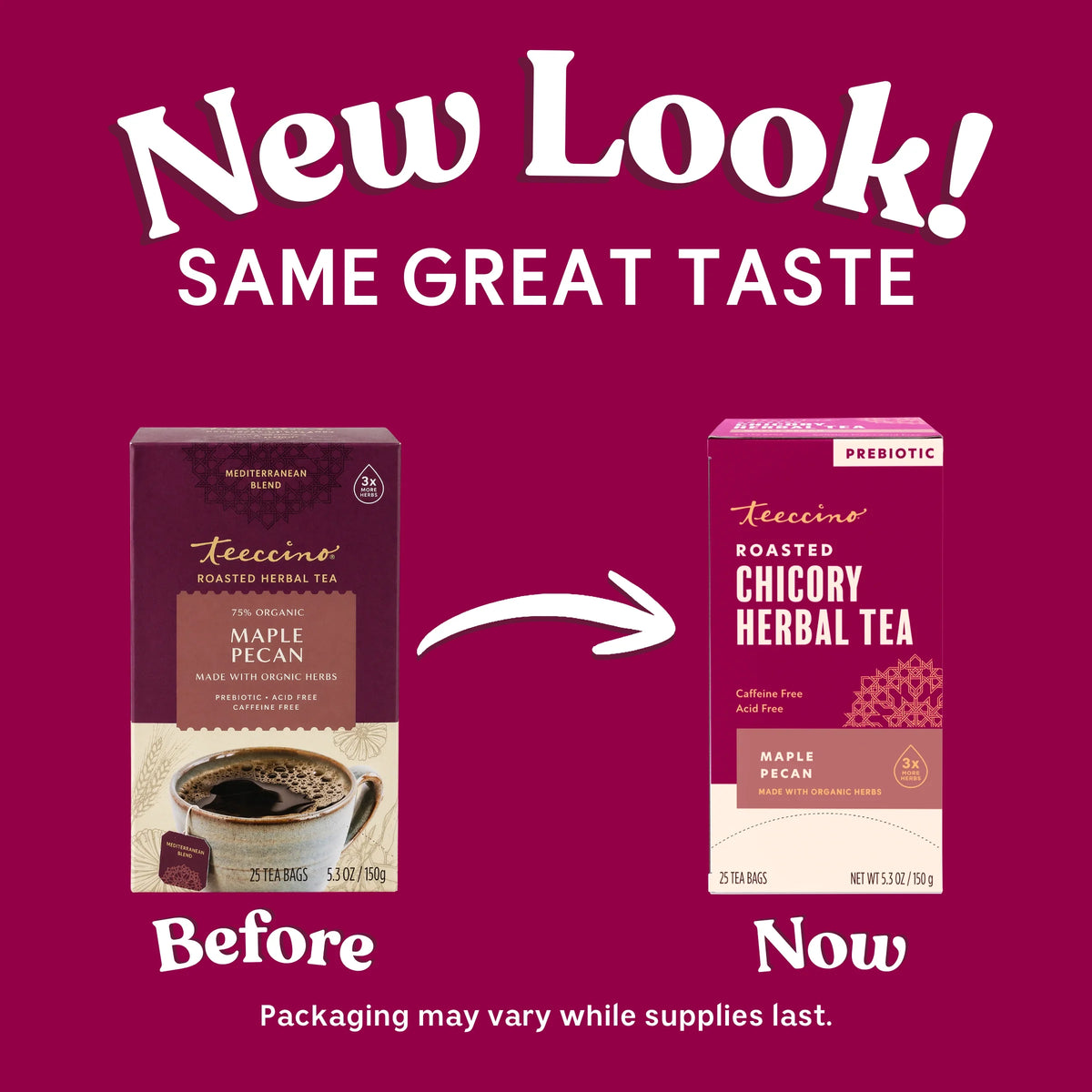 Teecino Maple Pecan herbal tea package comparison: Before and New Look.