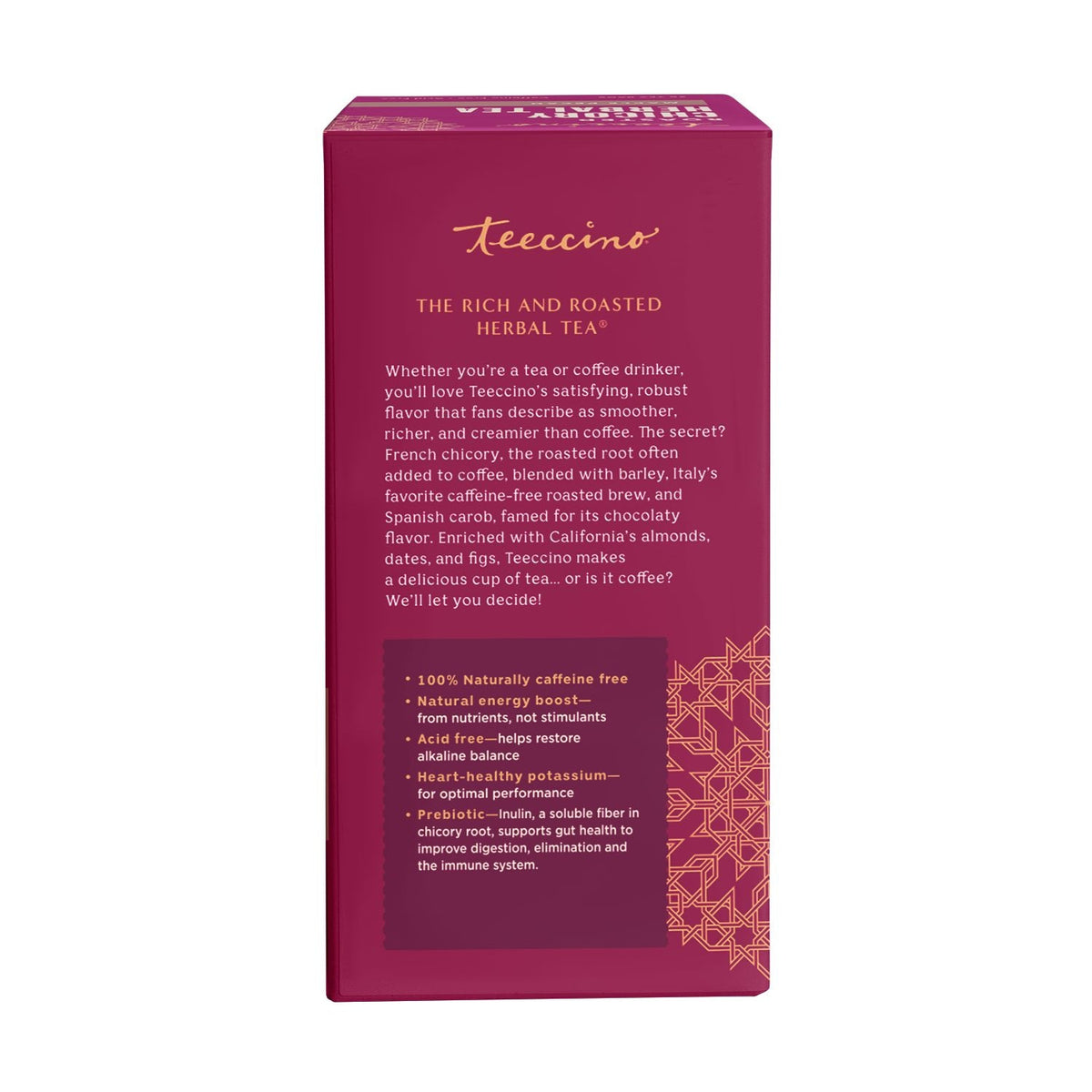 Teecino roasted herbal tea box back panel with product description text.