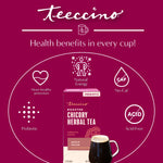 Teecino roasted chicory herbal tea health benefits diagram: heart-healthy, no-caf, acid-free.