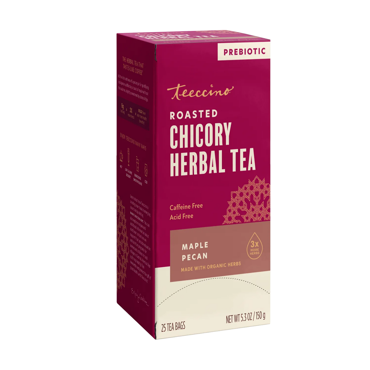 Teecino roasted chicory herbal tea box side, prebiotic, Maple Pecan, caffeine-free.