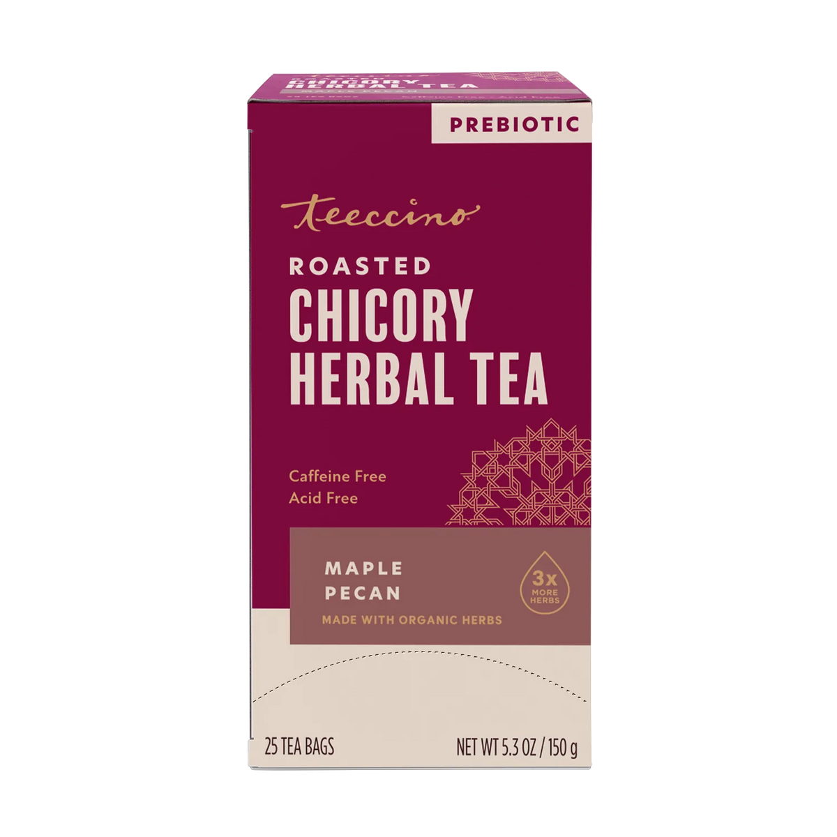 Teecino roasted chicory herbal tea box, Maple Pecan, prebiotic, caffeine free.