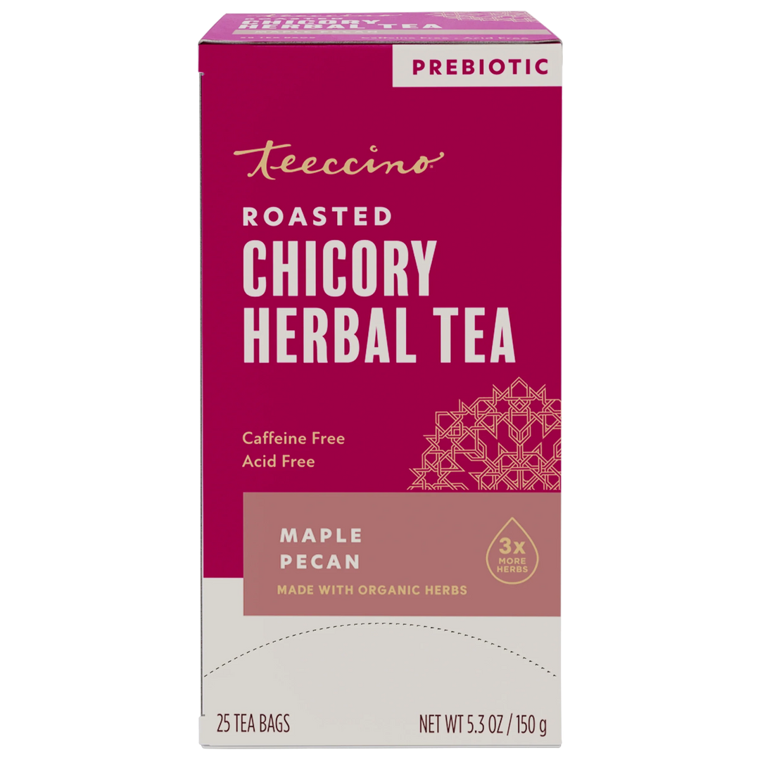 Teecino roasted chicory herbal tea box, Maple Pecan flavor, caffeine-free.