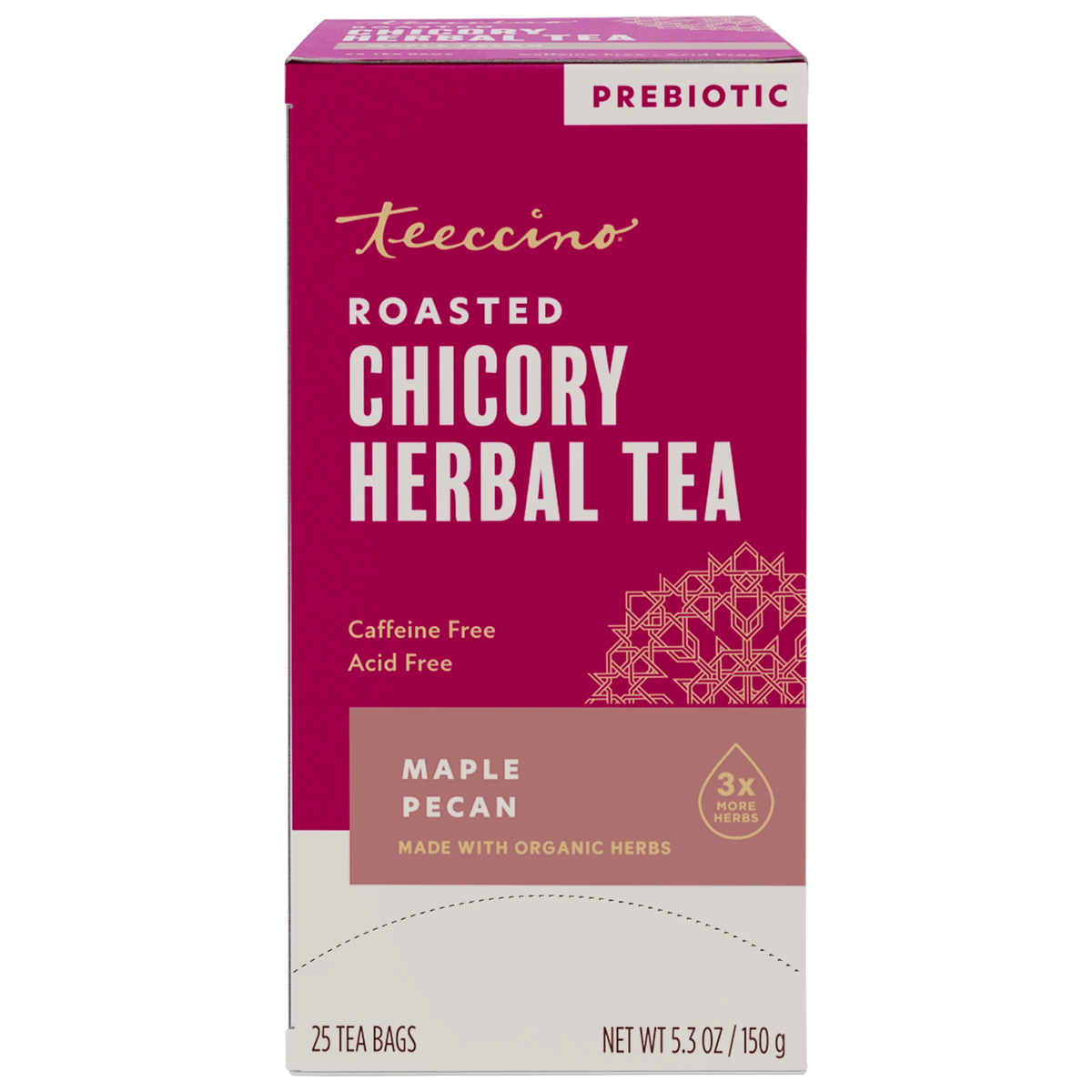 Teecino roasted chicory herbal tea box, Maple Pecan flavor, caffeine-free.