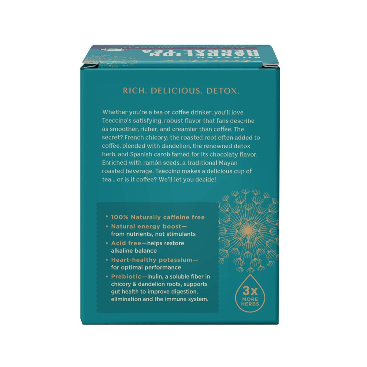 Teal box of roasted dandelion dark roast herbal tea with product description text on back