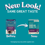 Roasted dandelion herbal tea box, showing 'Prebiotic' label and dark roast design.